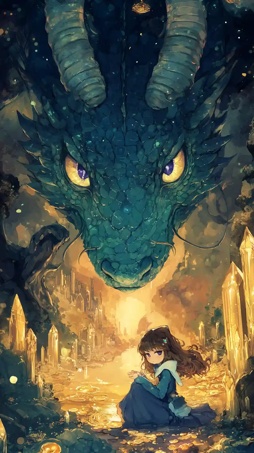 Three headed dragon guarding treasure in dark cave