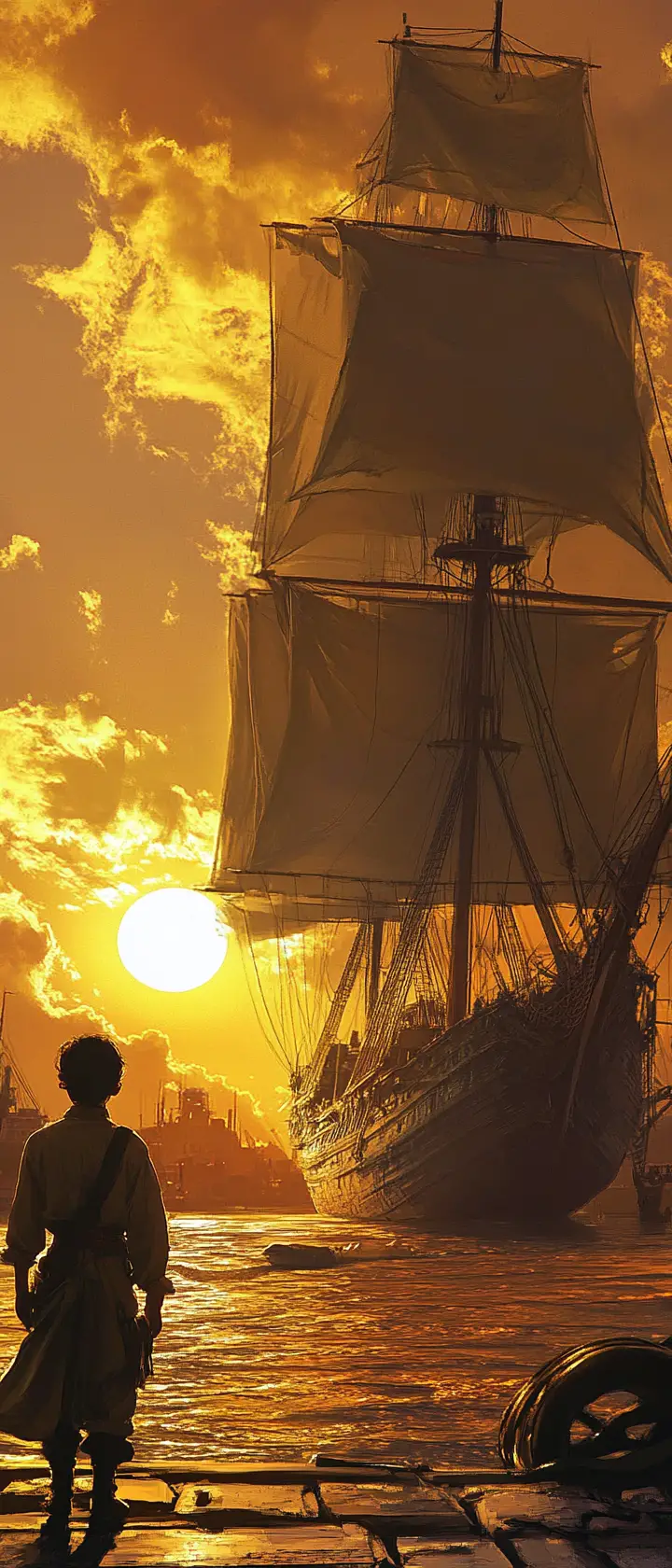 Young boy facing a tall sailing ship at sunset