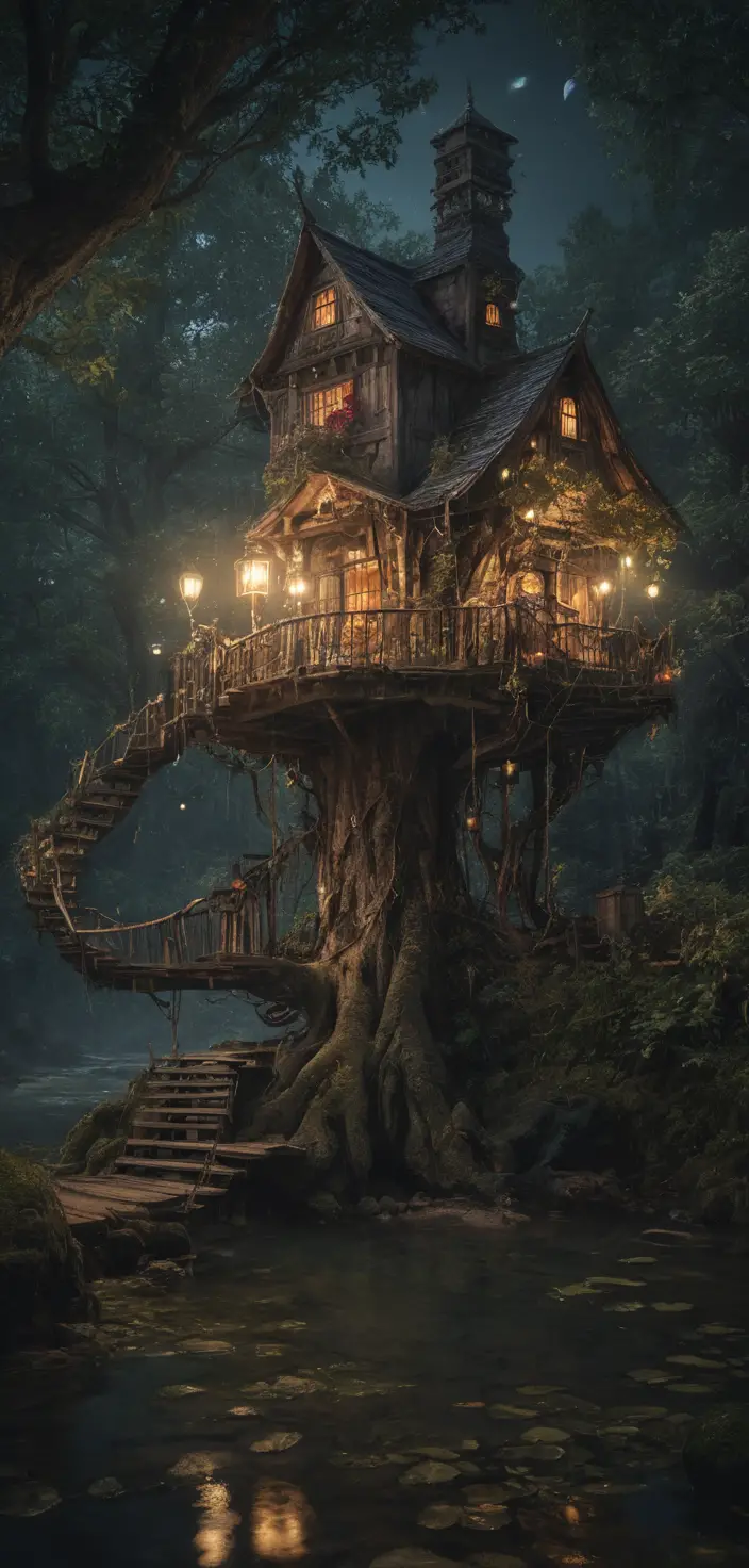 Magical treehouse by a glowing river under night sky