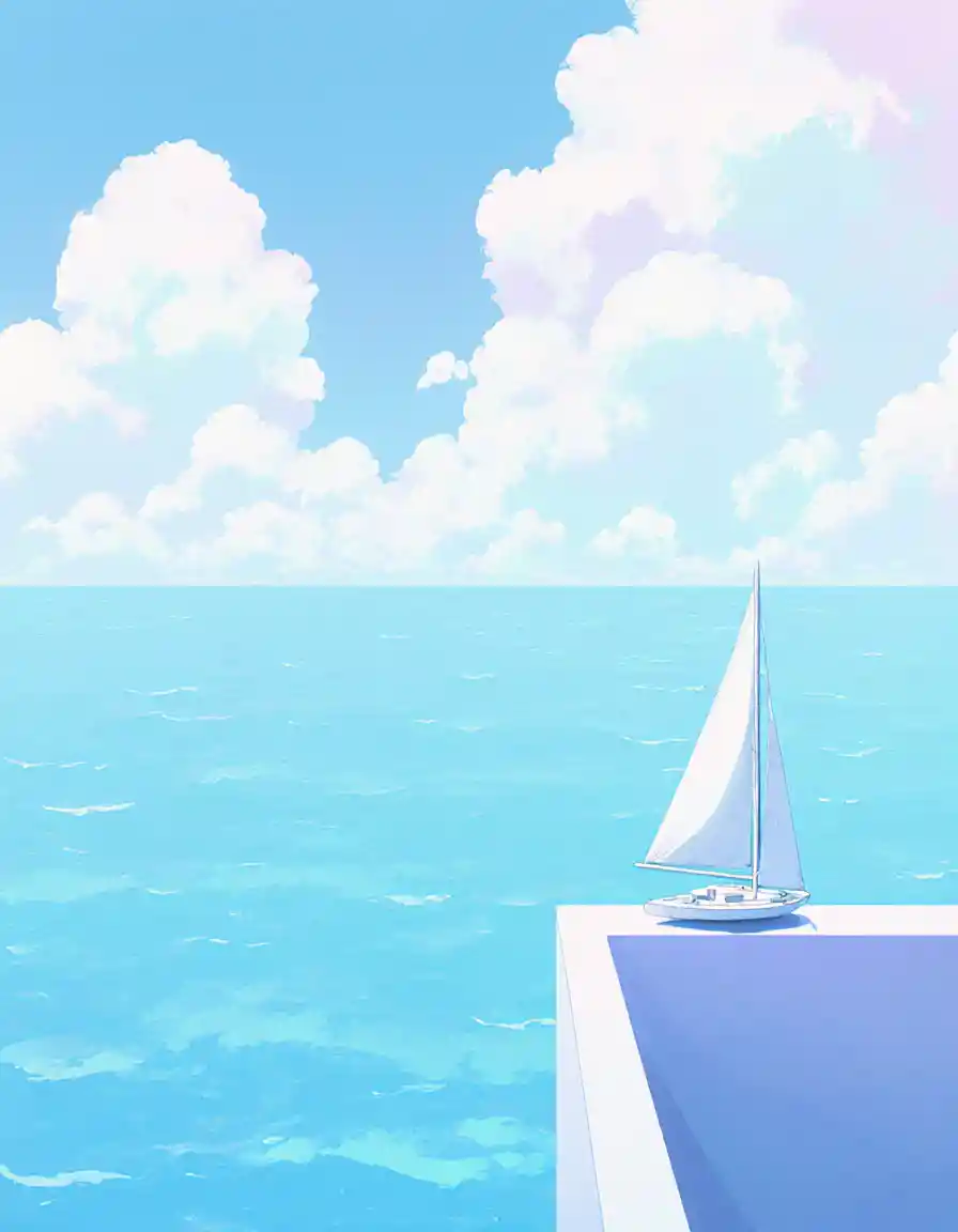 帆船與粉彩天空的極簡動漫海景