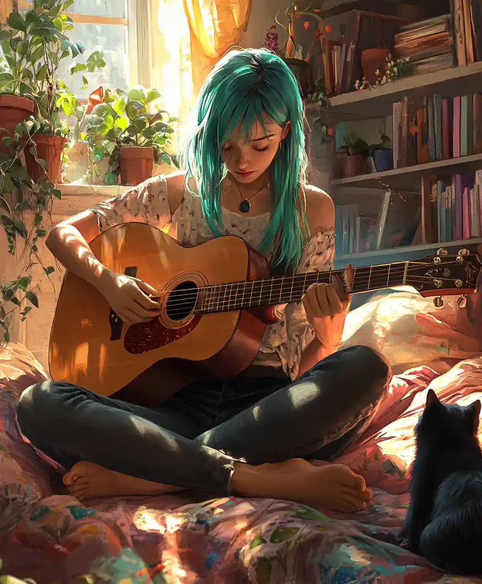 Young musician playing guitar on a sunlit cozy bed