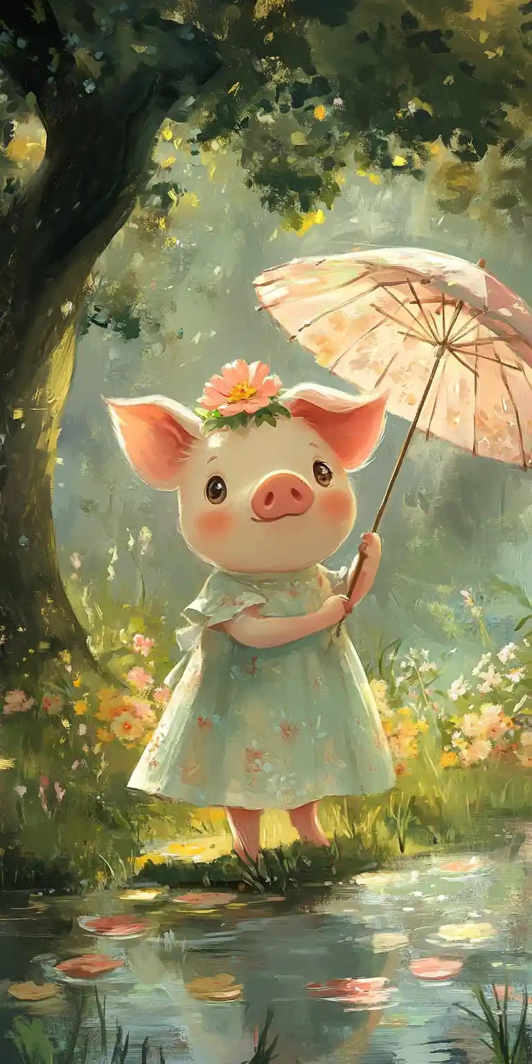 Cute piglet in summer dress by a pond illustration