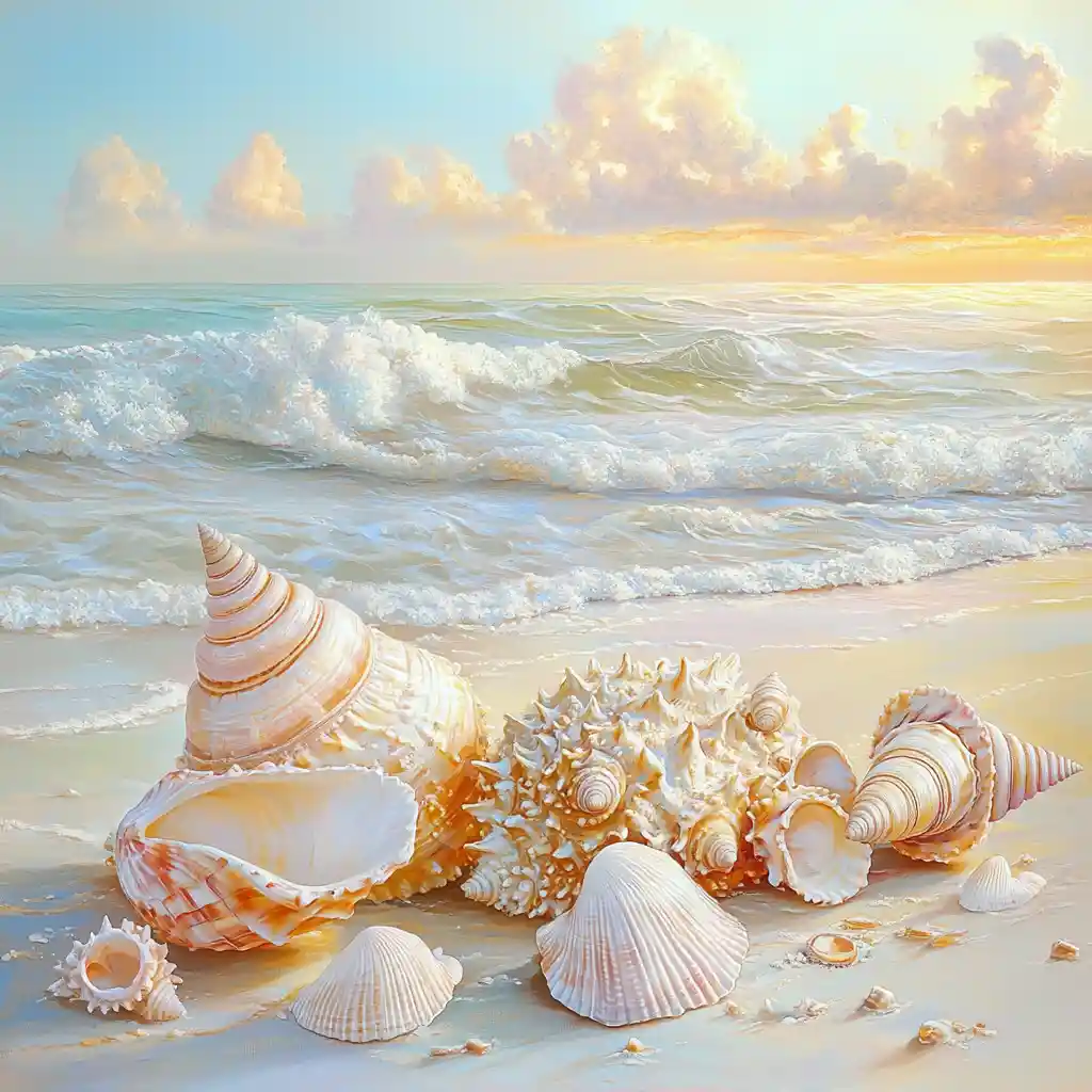 Pastel seashells on a warm sandy beach at sunrise