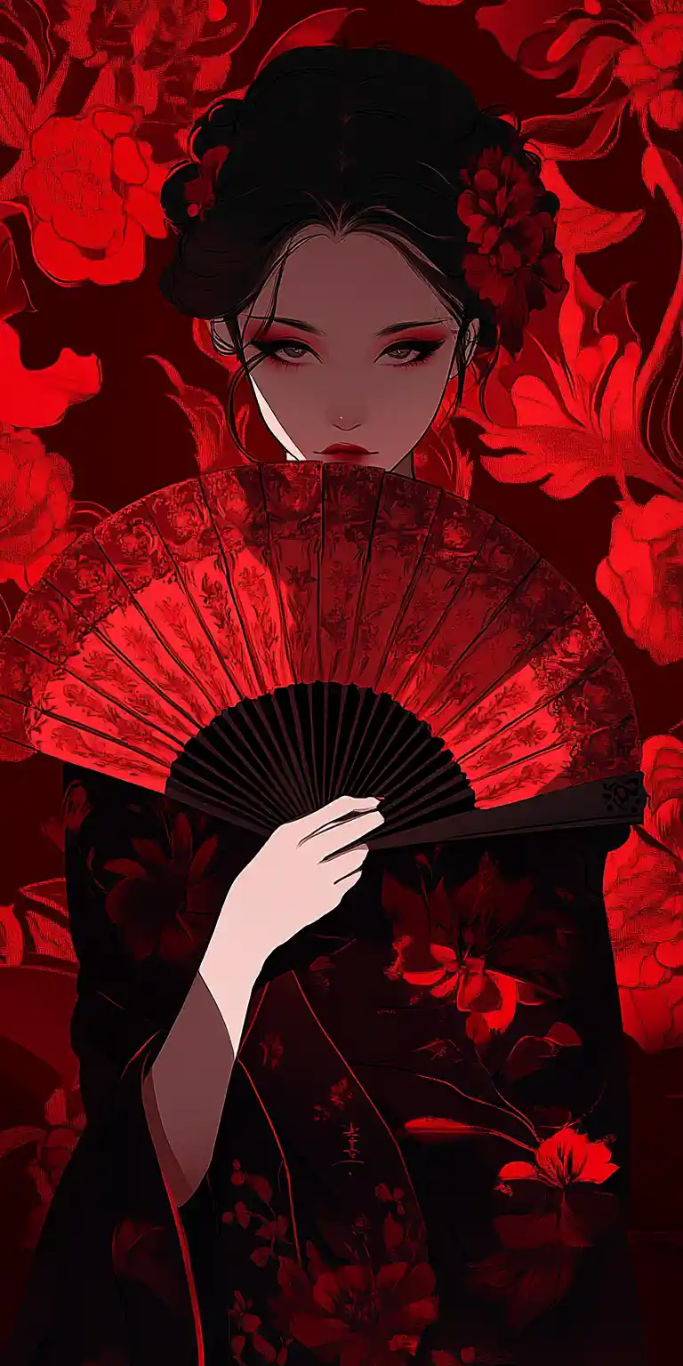 Anime woman with ornate red fan in floral background