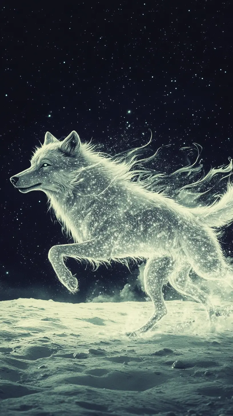 Celestial Wolf Running Freely Across The Lunar Surface