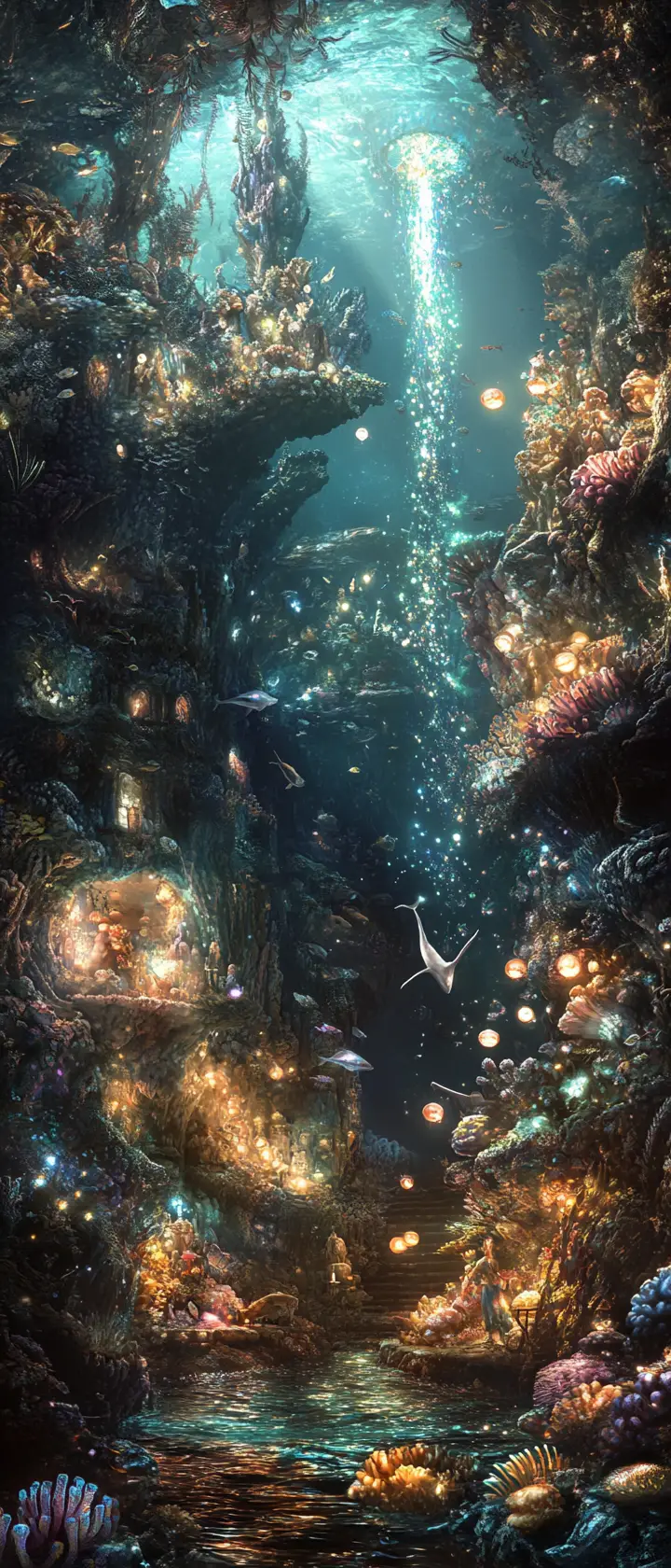 Alien merfolk trading light pearls in underwater market