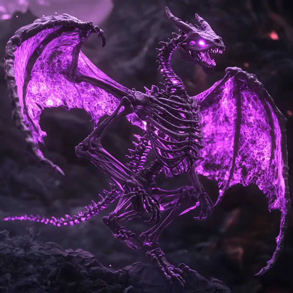 Skeletal Dragon With Purple Glowing Bones And Eyes
