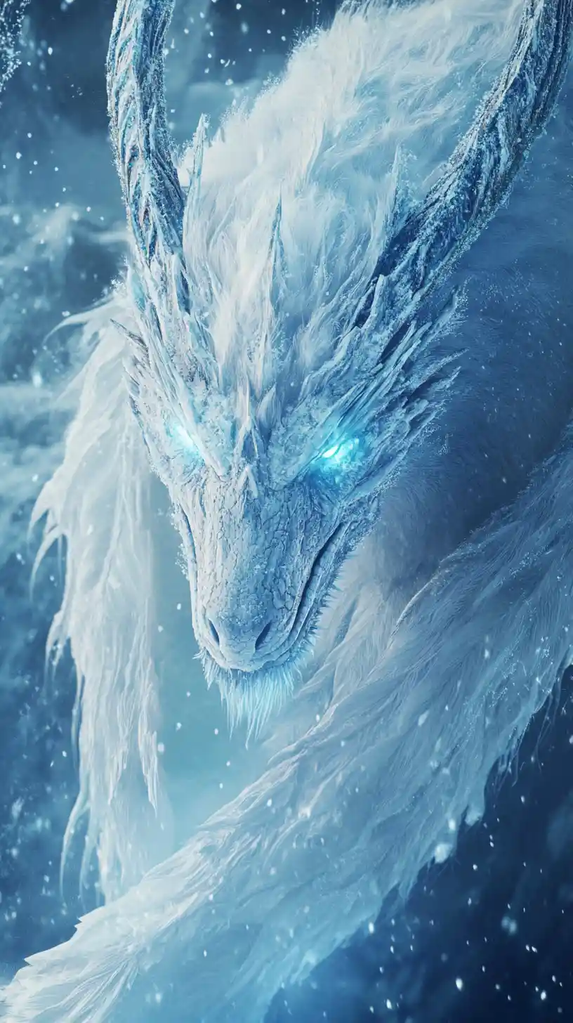 Mythical Polar Dragon Amid Aurora And Frozen Crater