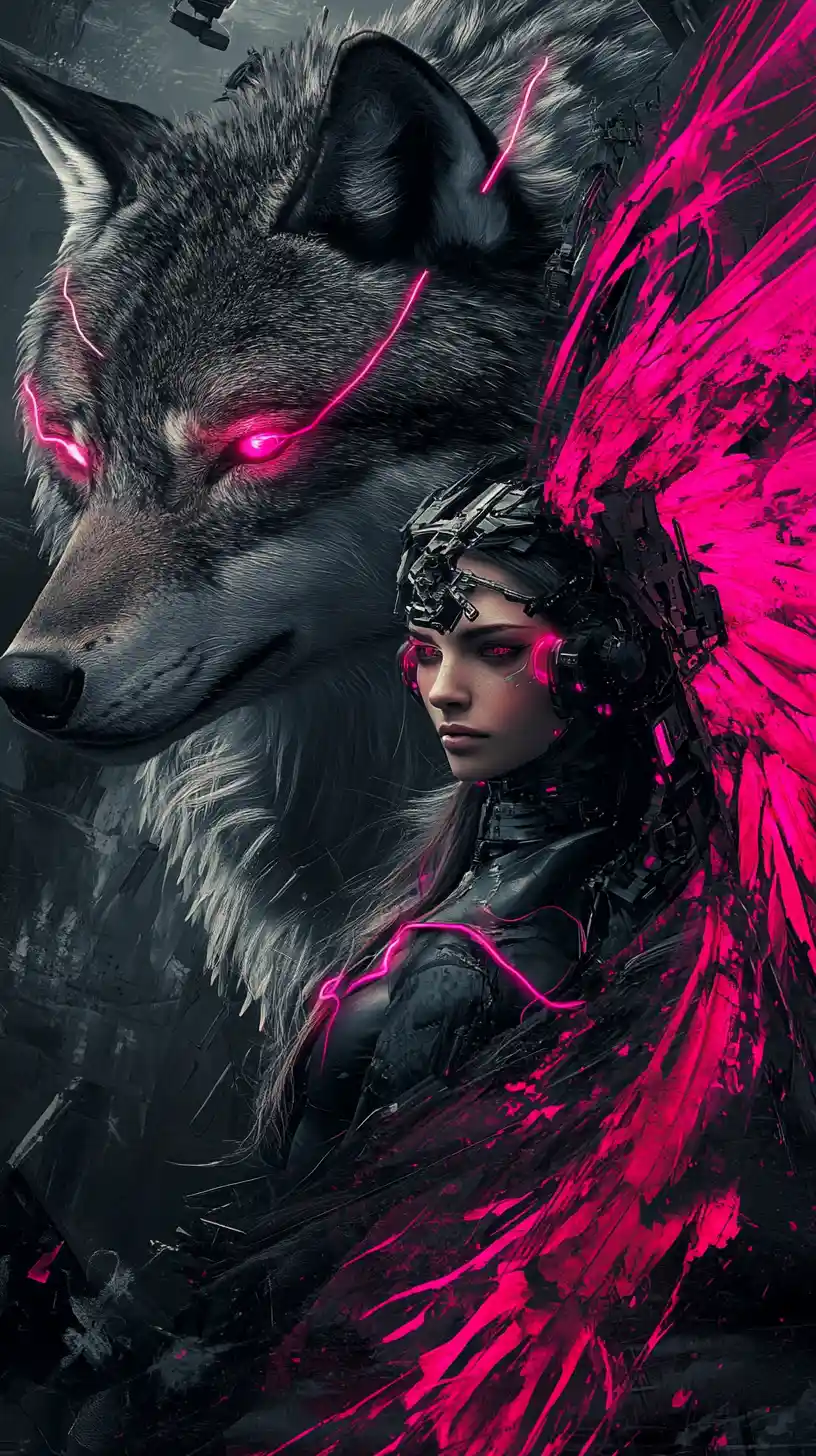Steampunk woman with cybernetic wings and electric wolf