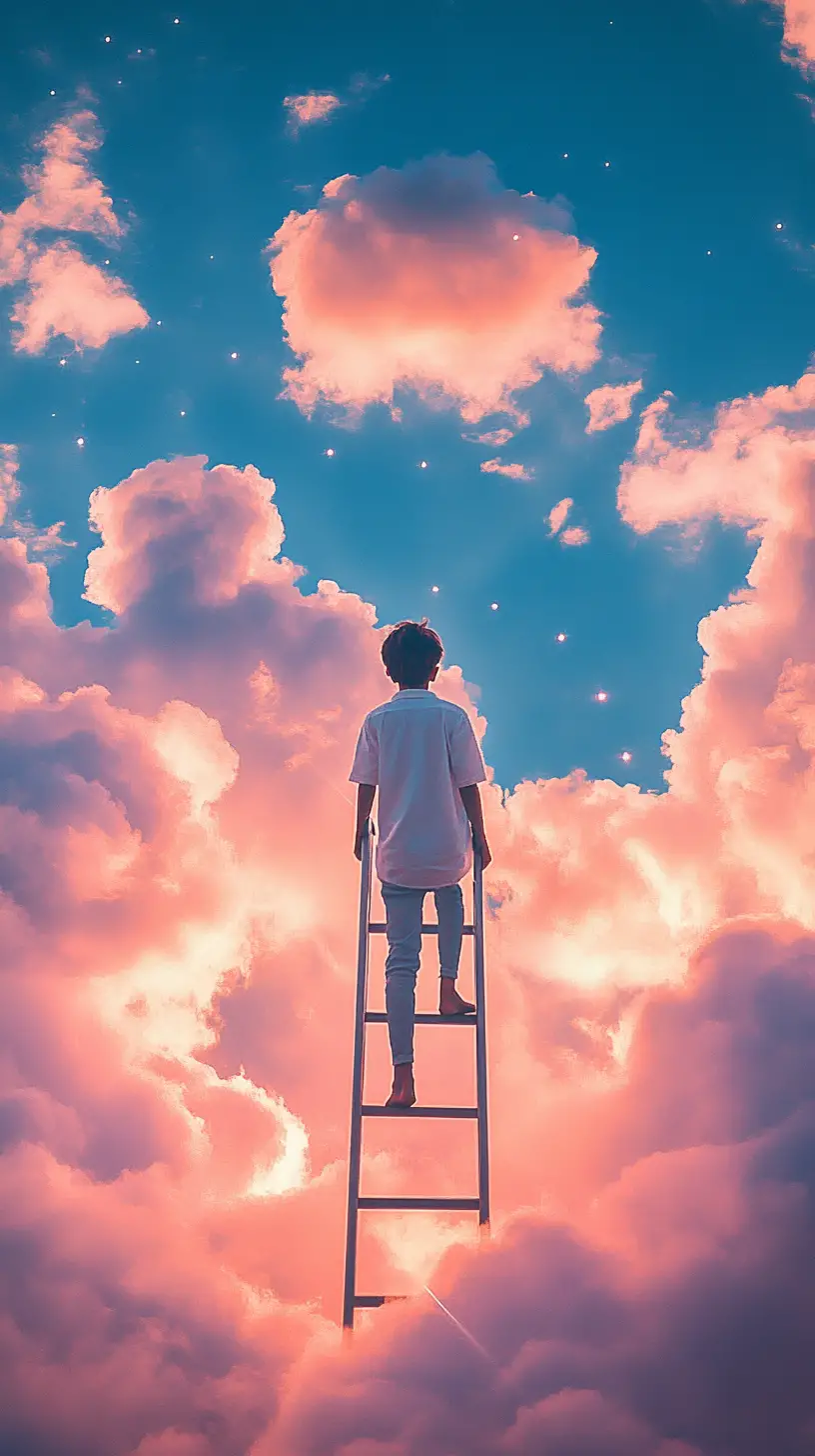 Young boy on ladder reaching toward colorful heavenly sky