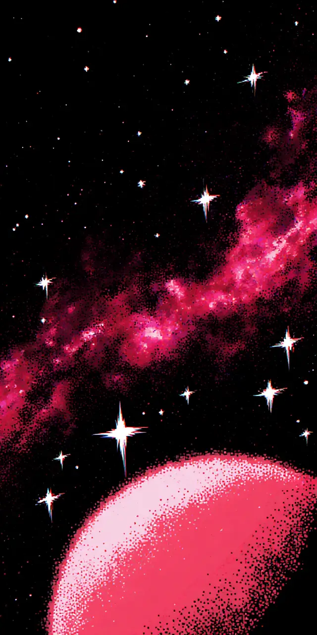 Vibrant cosmic nebula with glowing pink planet