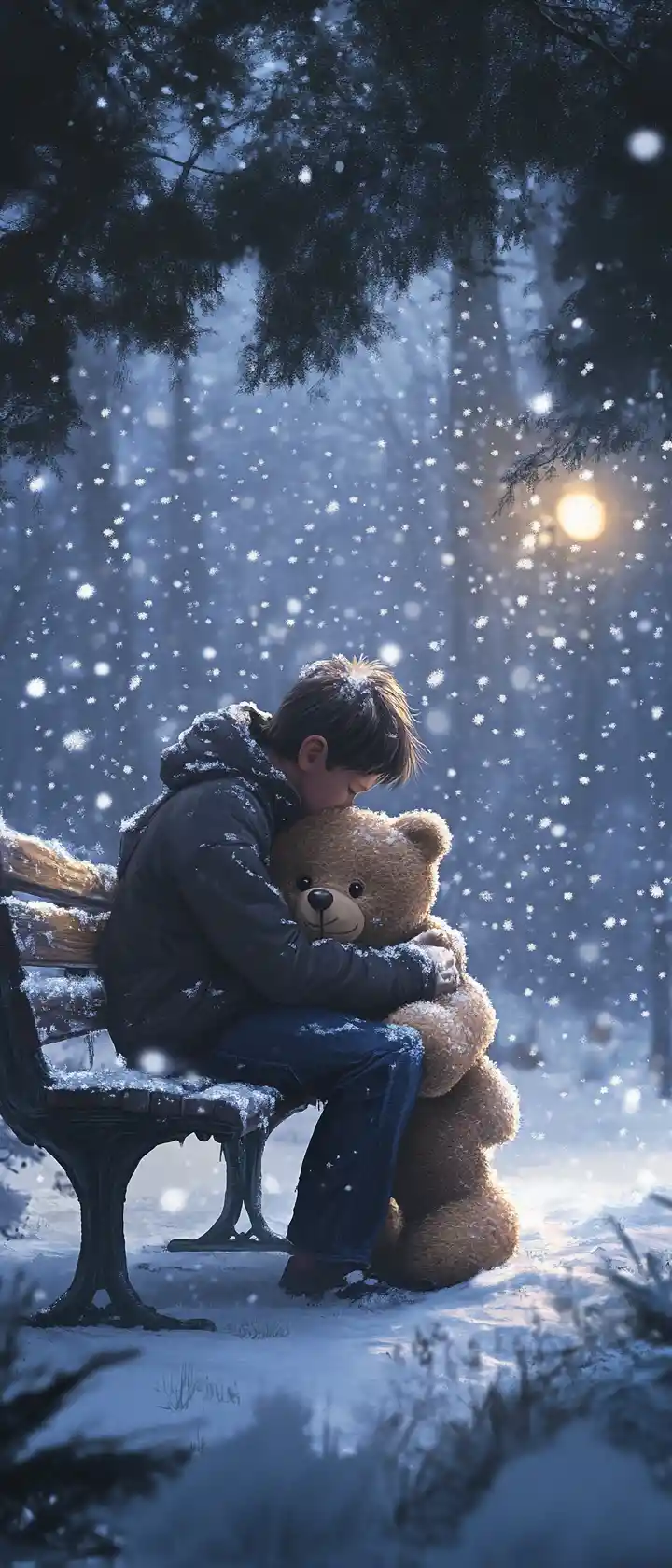 Shy boy hugging glowing teddy bear in gentle snowfall