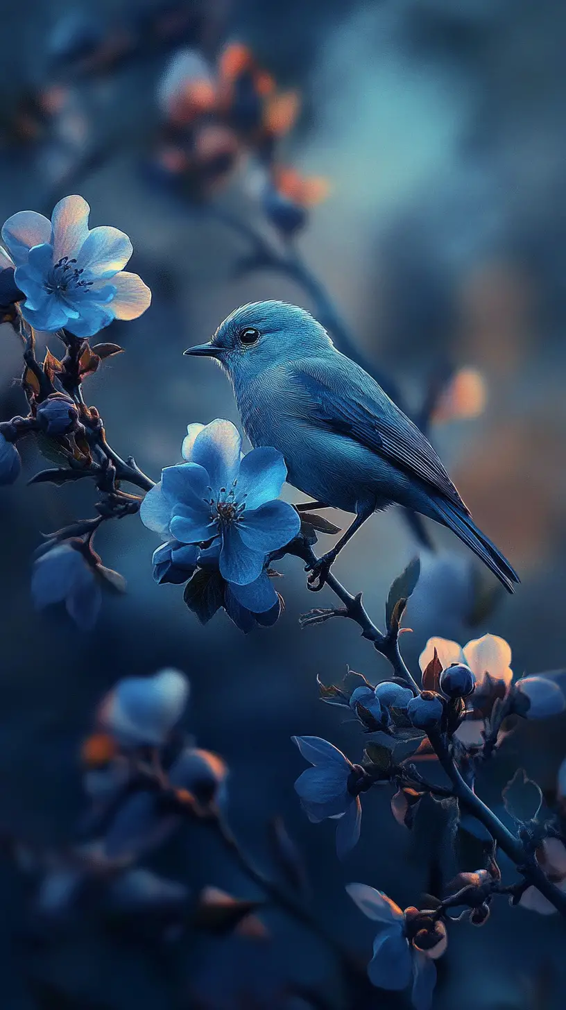 Bird resting in twilight among softly dancing petals