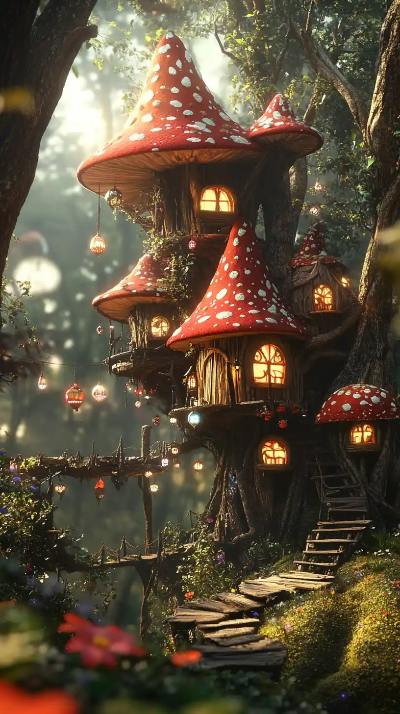 Whimsical treehouse village in an enchanted forest
