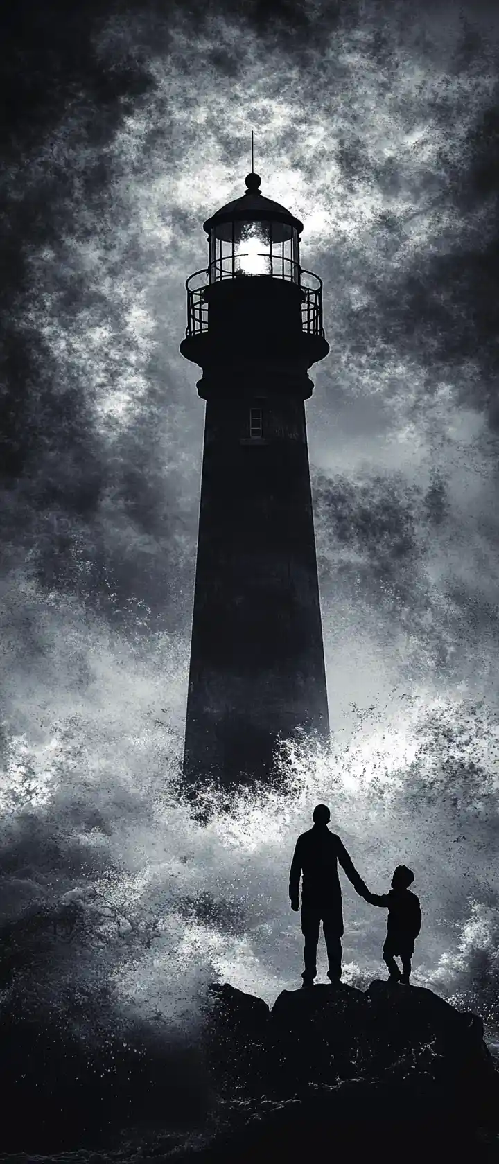 Lighthouse keeper and child beside an unwavering coastal beacon