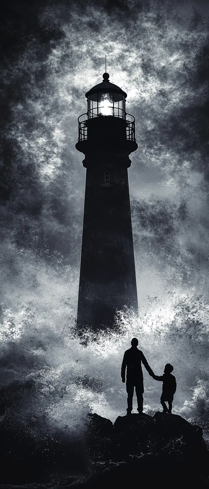 Lighthouse keeper and child beside an unwavering coastal beacon