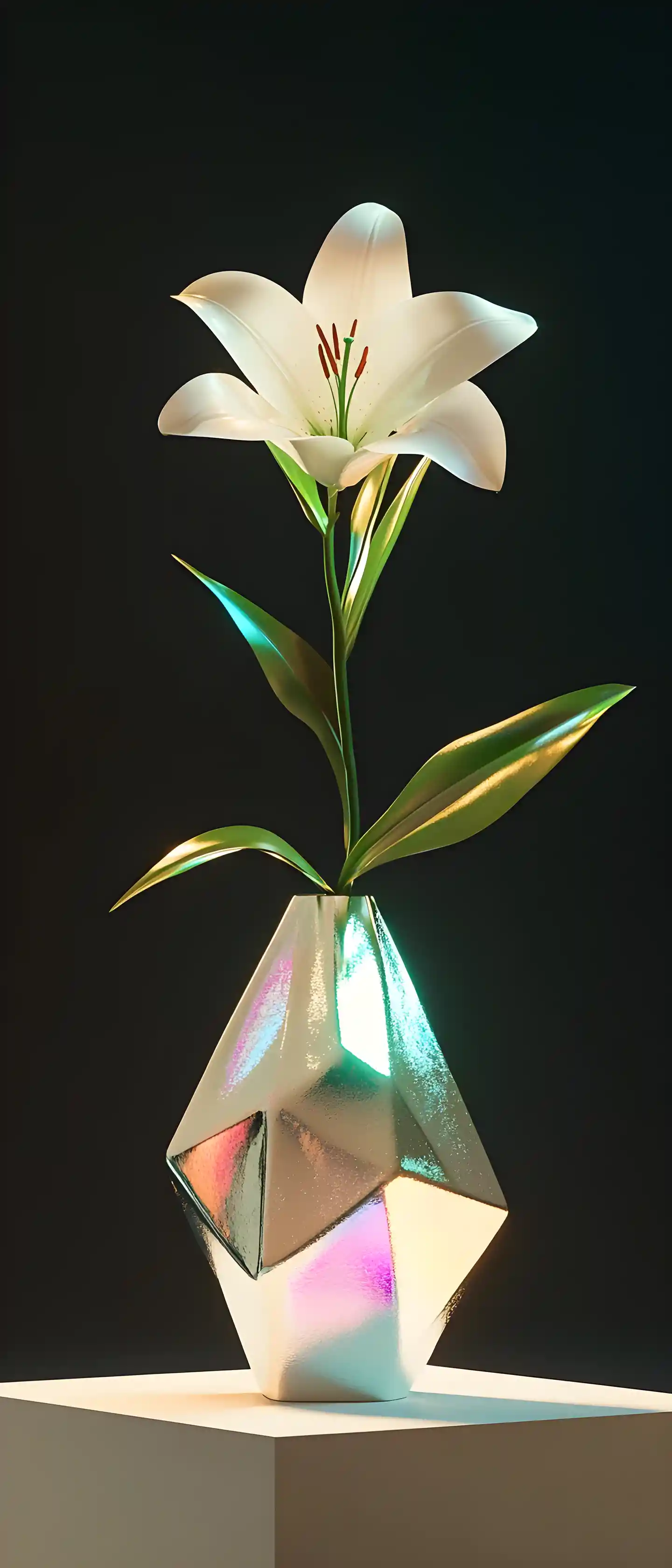 White lily in abstract vase on minimalist white platform