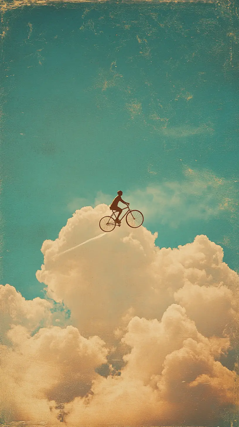Cyclist Floating Through Dreamlike Clouds In Golden Sky