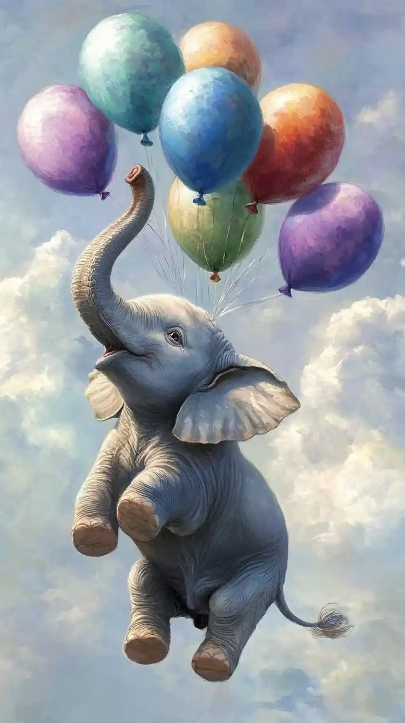Elefante volante sollevato da palloncini colorati nel cielo