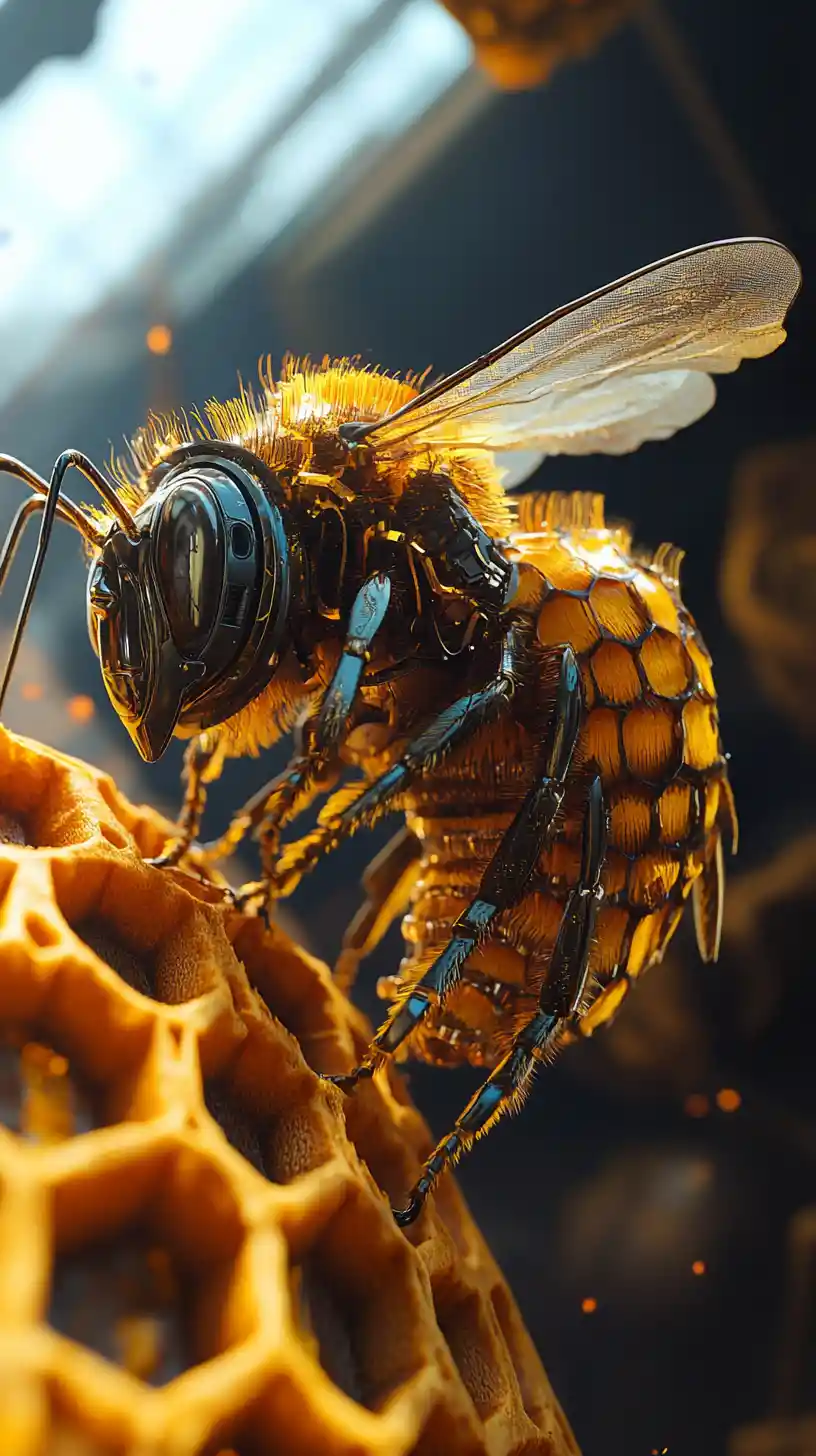 Futuristic biomechanical honeybees in a waffle world