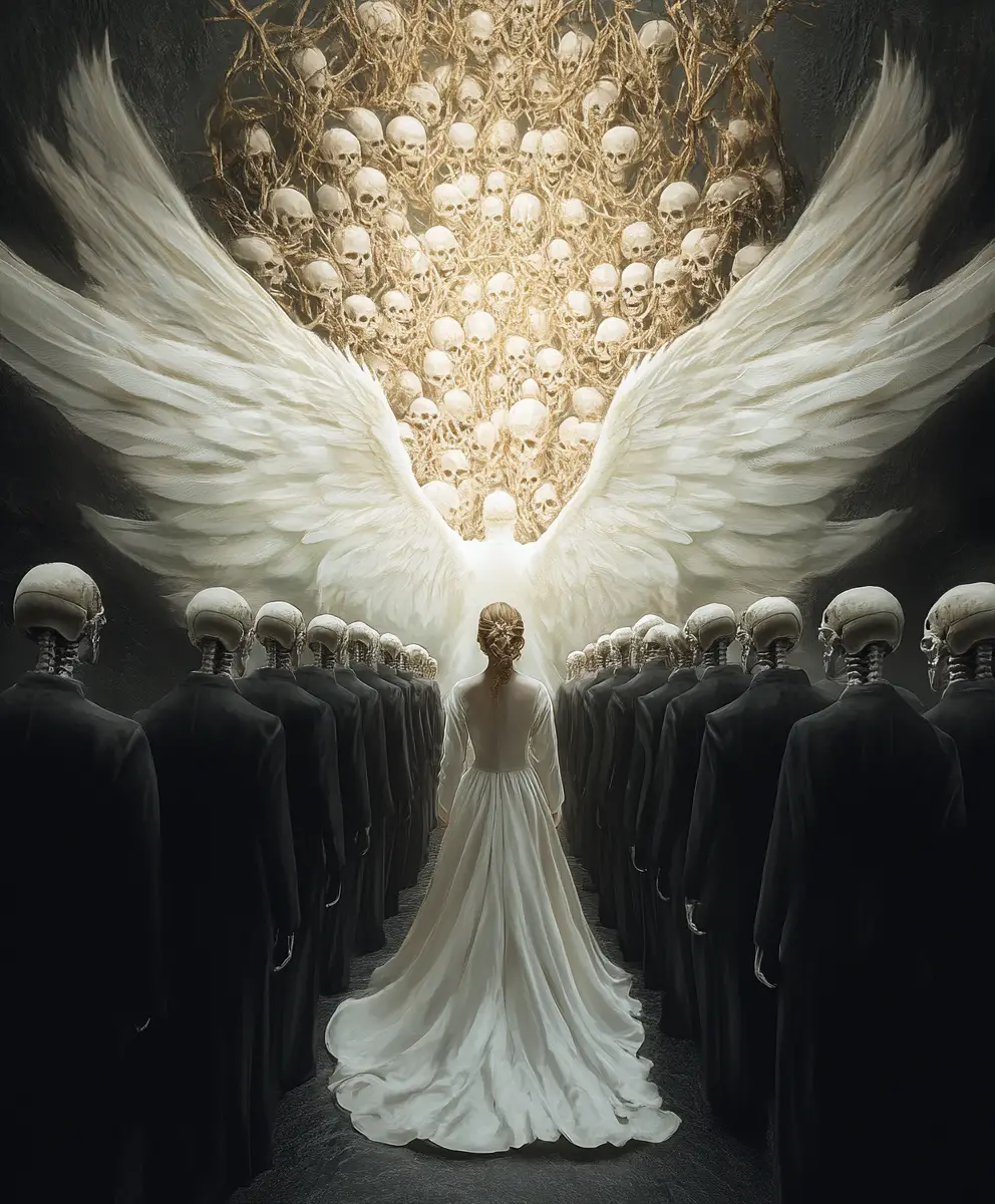 Tiny angel walking between skeletons toward heaven