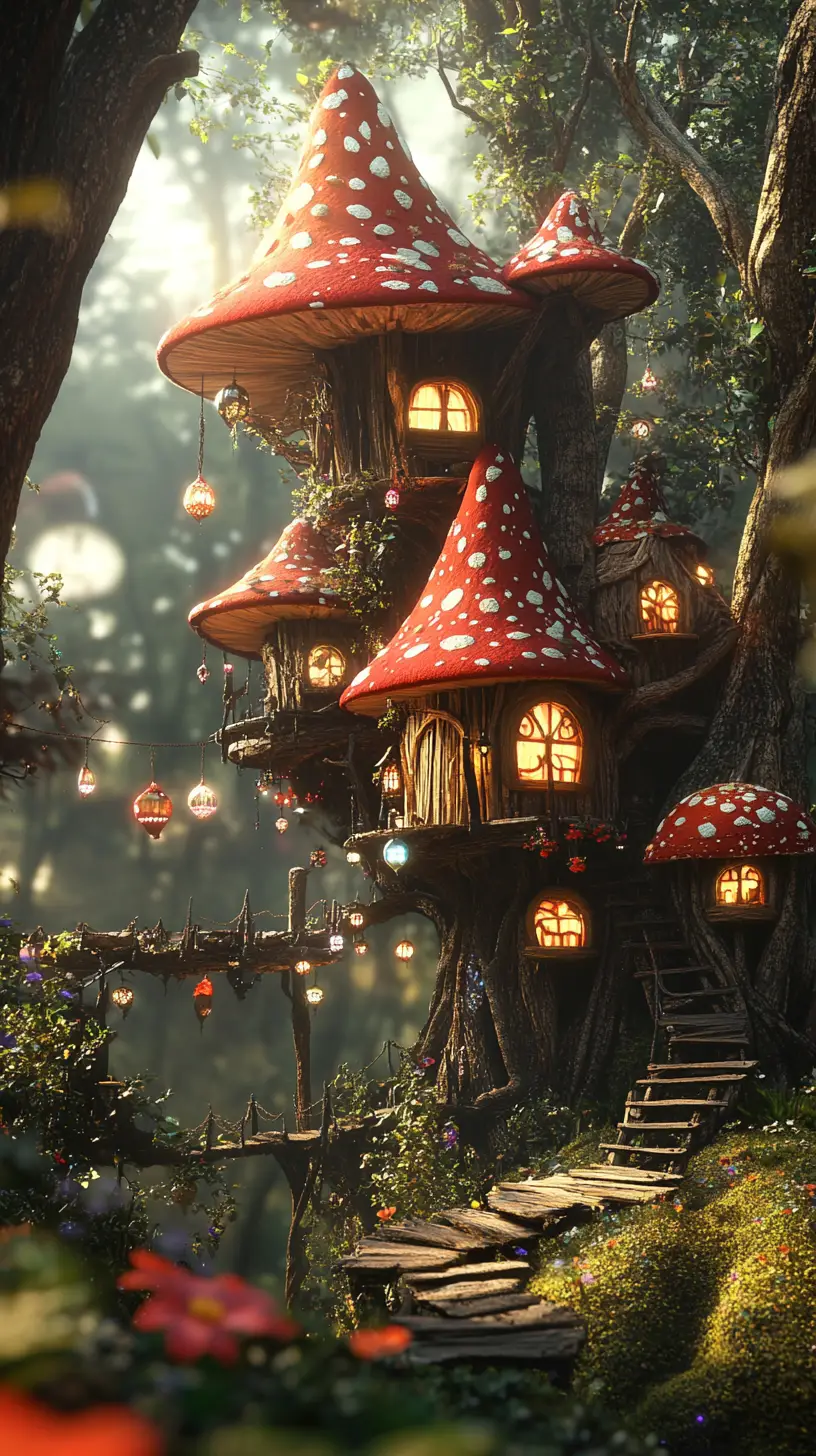 Whimsical treehouse village in an enchanted forest