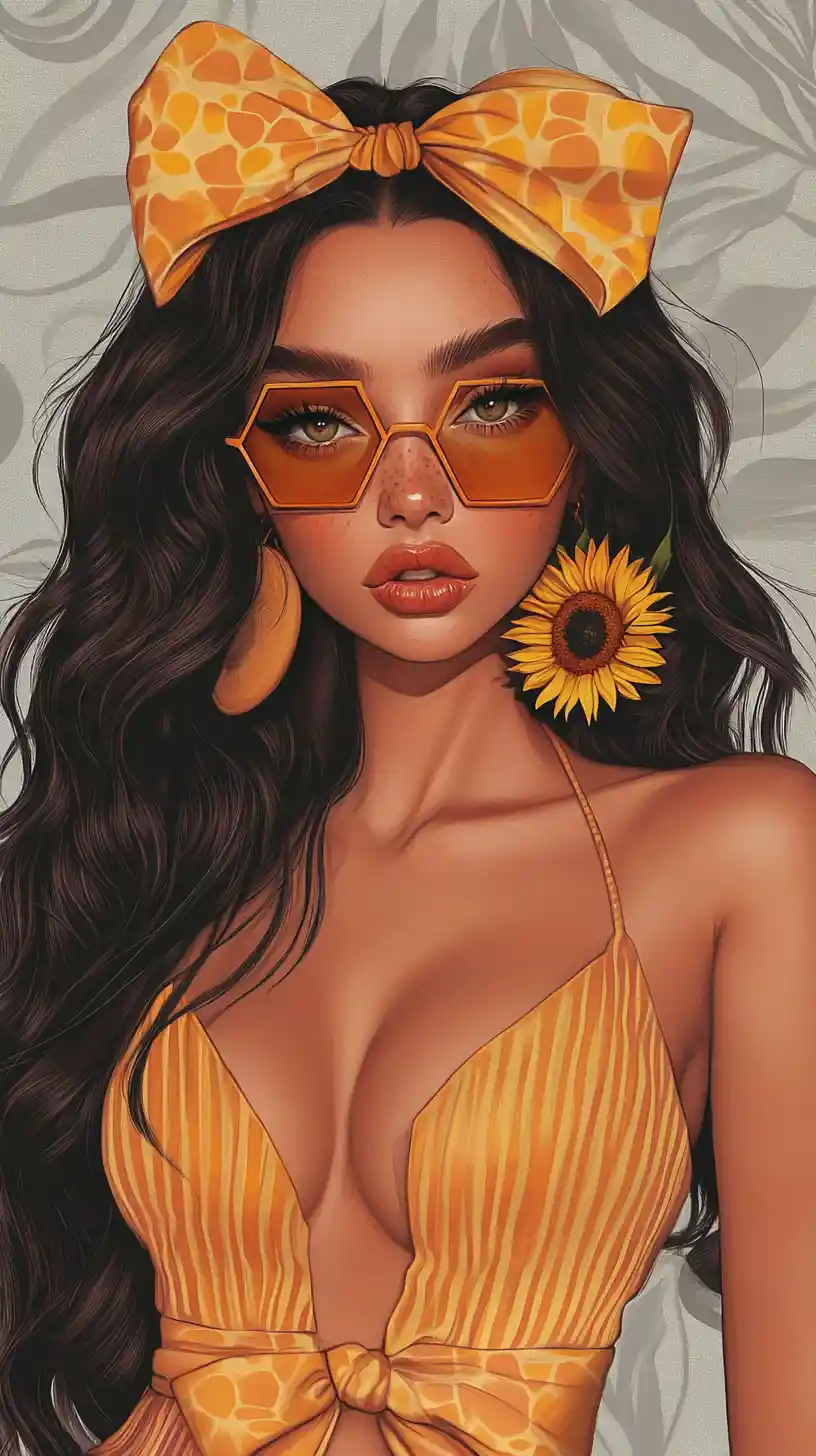 Stylish woman with sunflower and bold orange outfit