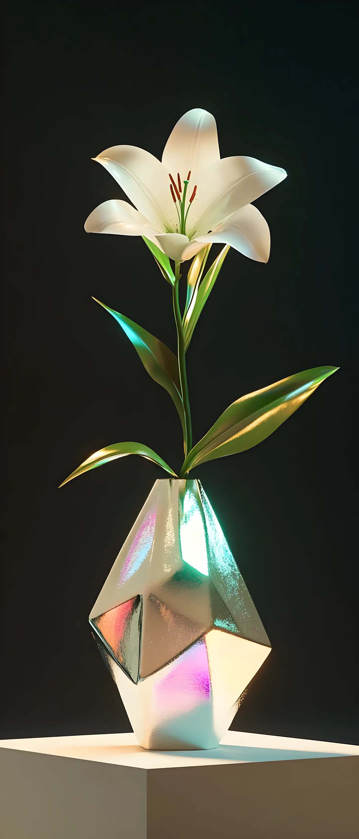 White lily in abstract vase on minimalist white platform