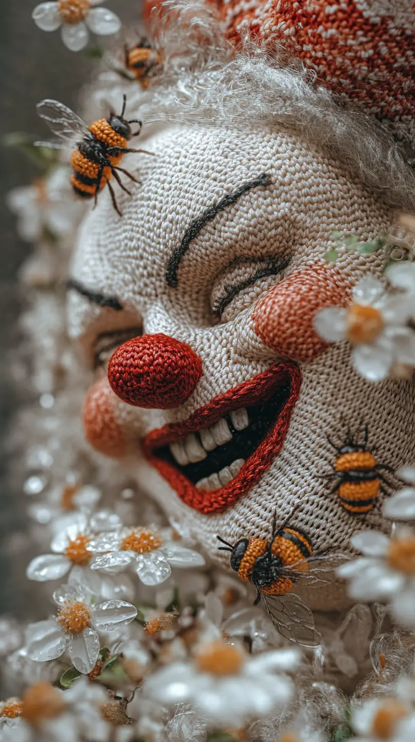 Laughing Knitted Clown With Bees And White Flowers