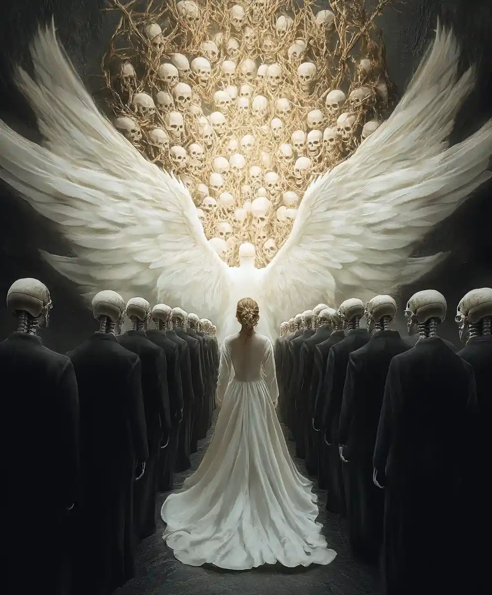 Tiny angel walking between skeletons toward heaven
