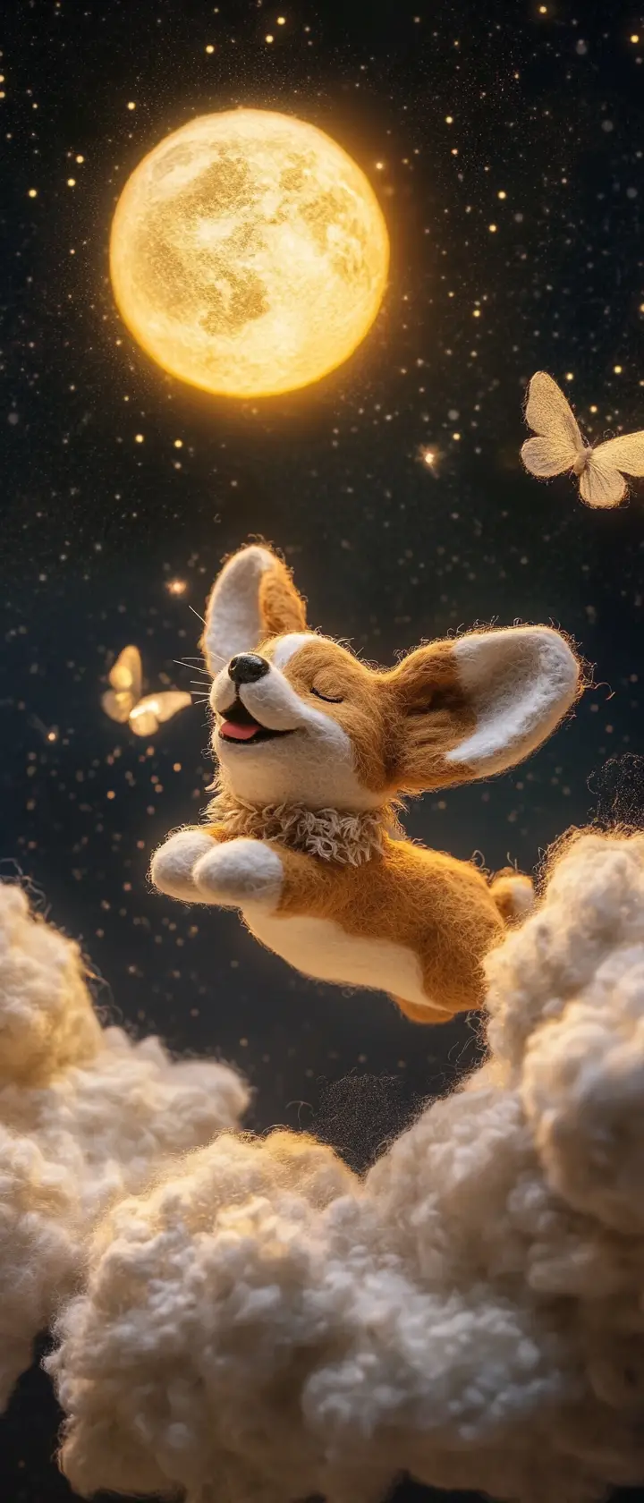 Joyful corgi puppy flying through soft textile clouds