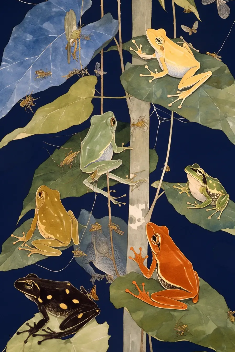 Colorful frogs resting on large green leaves