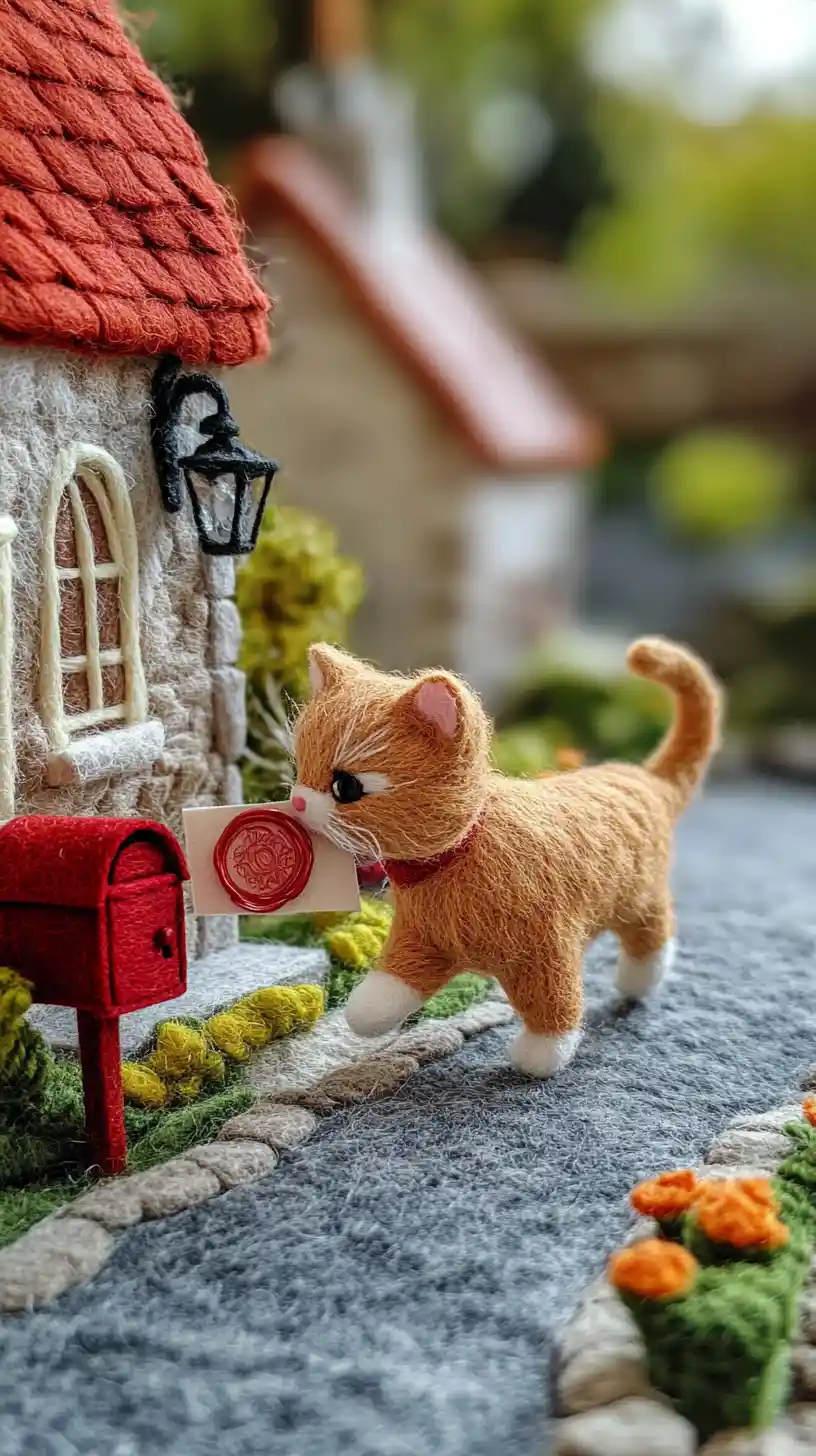 Felted ginger cat delivering a letter on town street