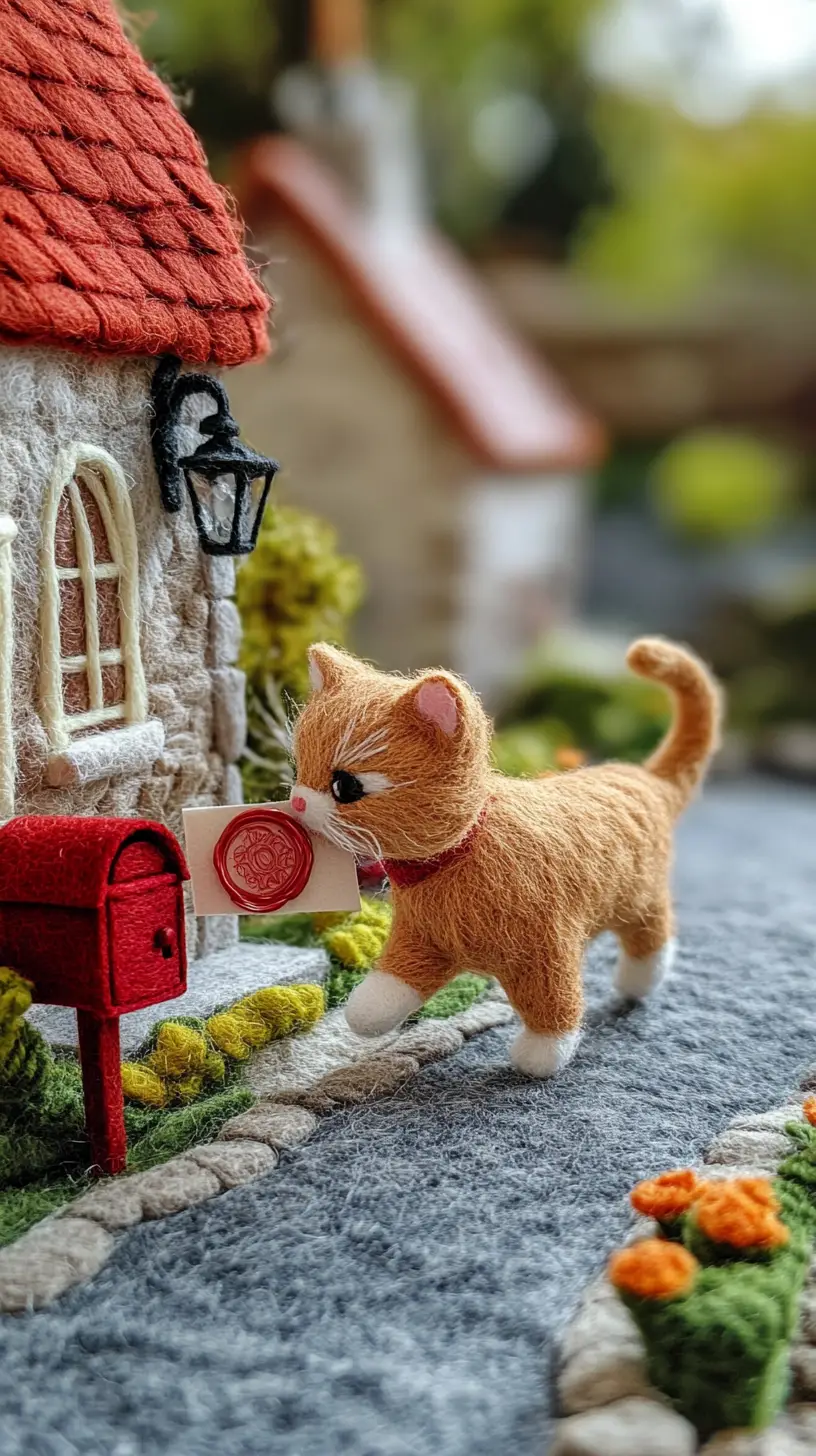 Felted ginger cat delivering a letter on town street