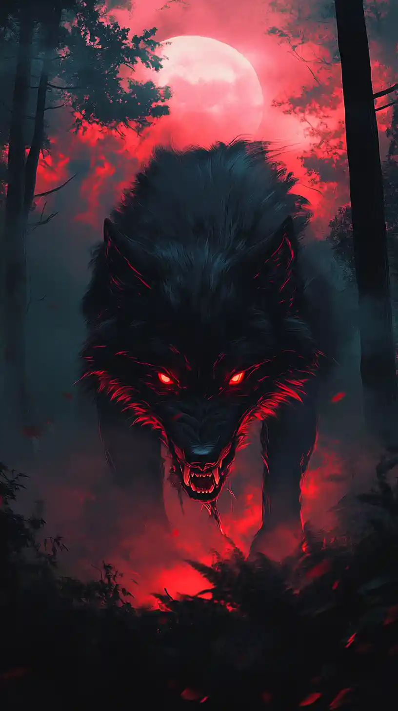 Ferocious wolf howling at the edge of a dark forest
