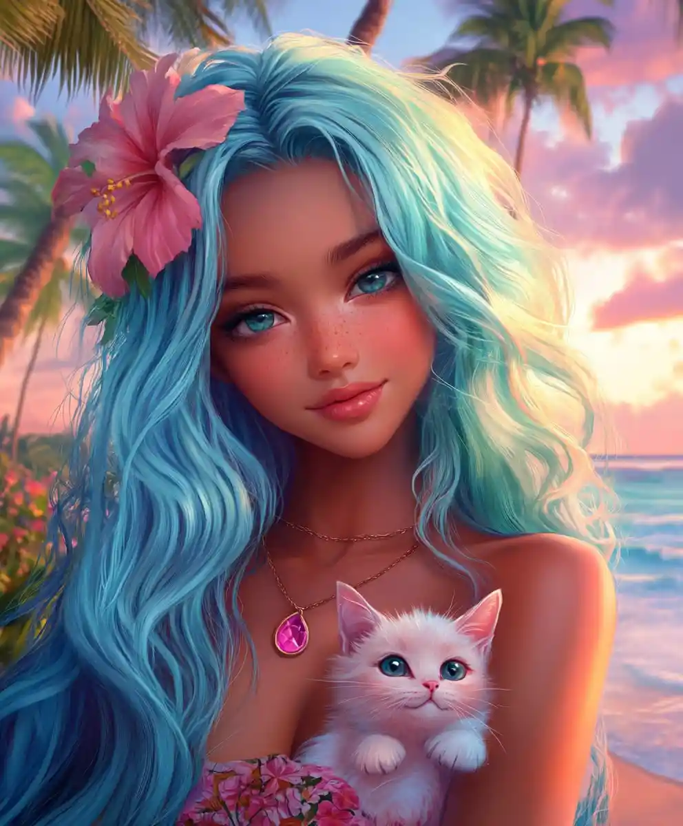 Anime girl with blue hair holding a tiny pink cat