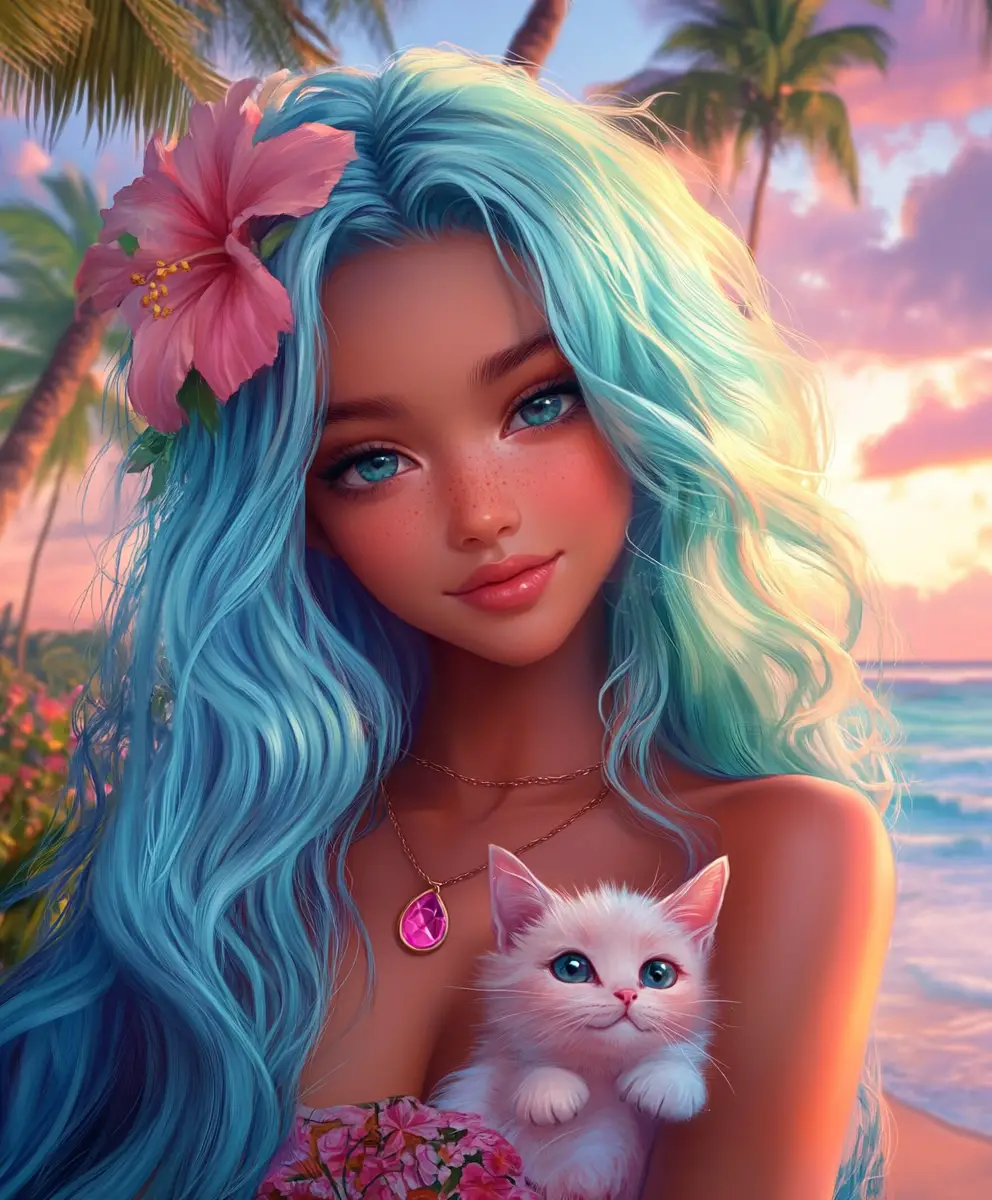 Anime girl with blue hair holding a tiny pink cat
