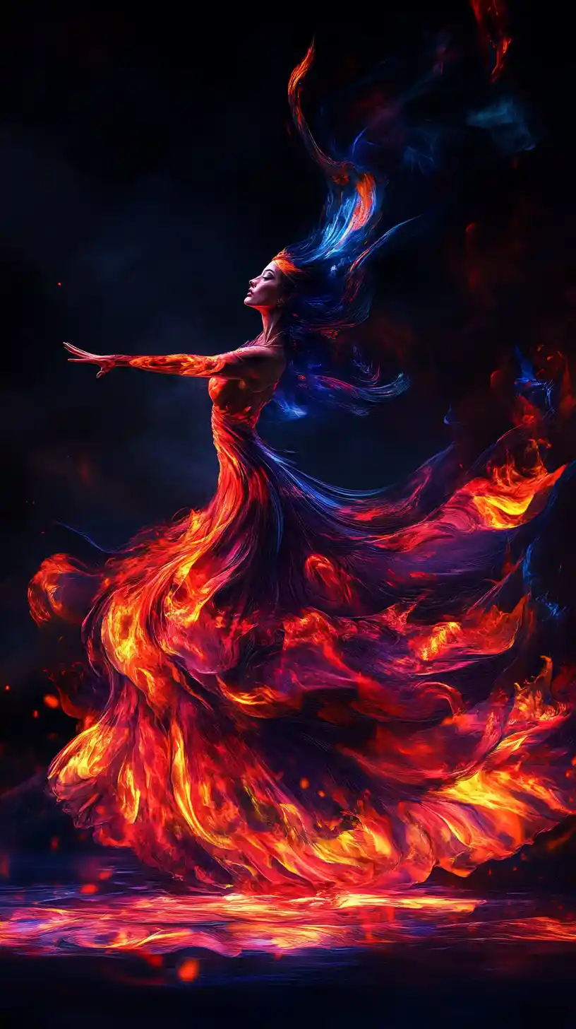 Fiery woman of living flames dancing in the void