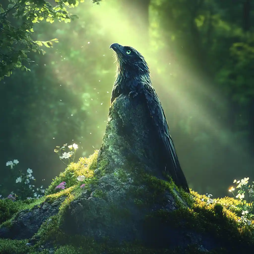 Sunlit gemstone resting on lush moss in nature