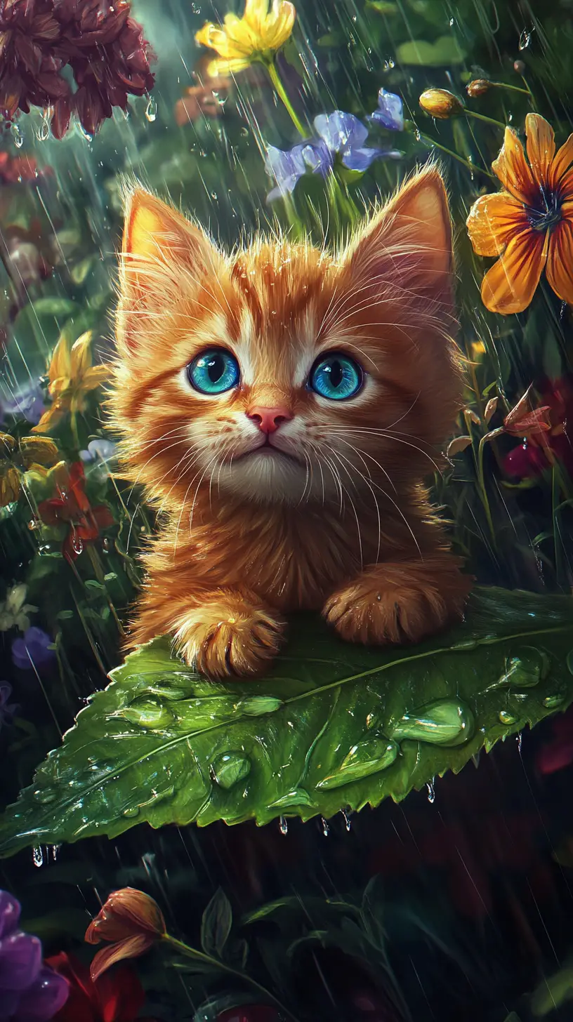 Cute orange kitten under a leaf in rainy garden