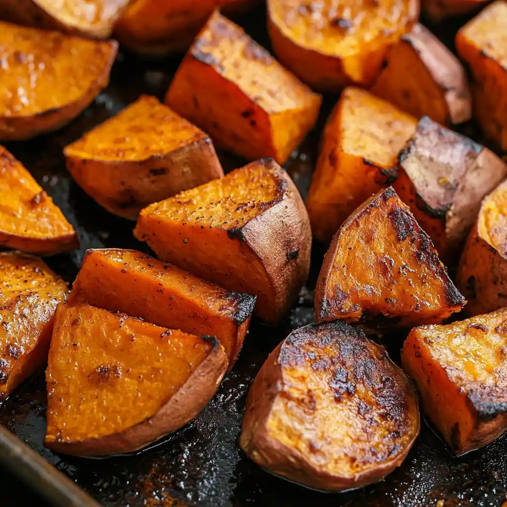 Close up of roasted sweet potato with steaming orange flesh