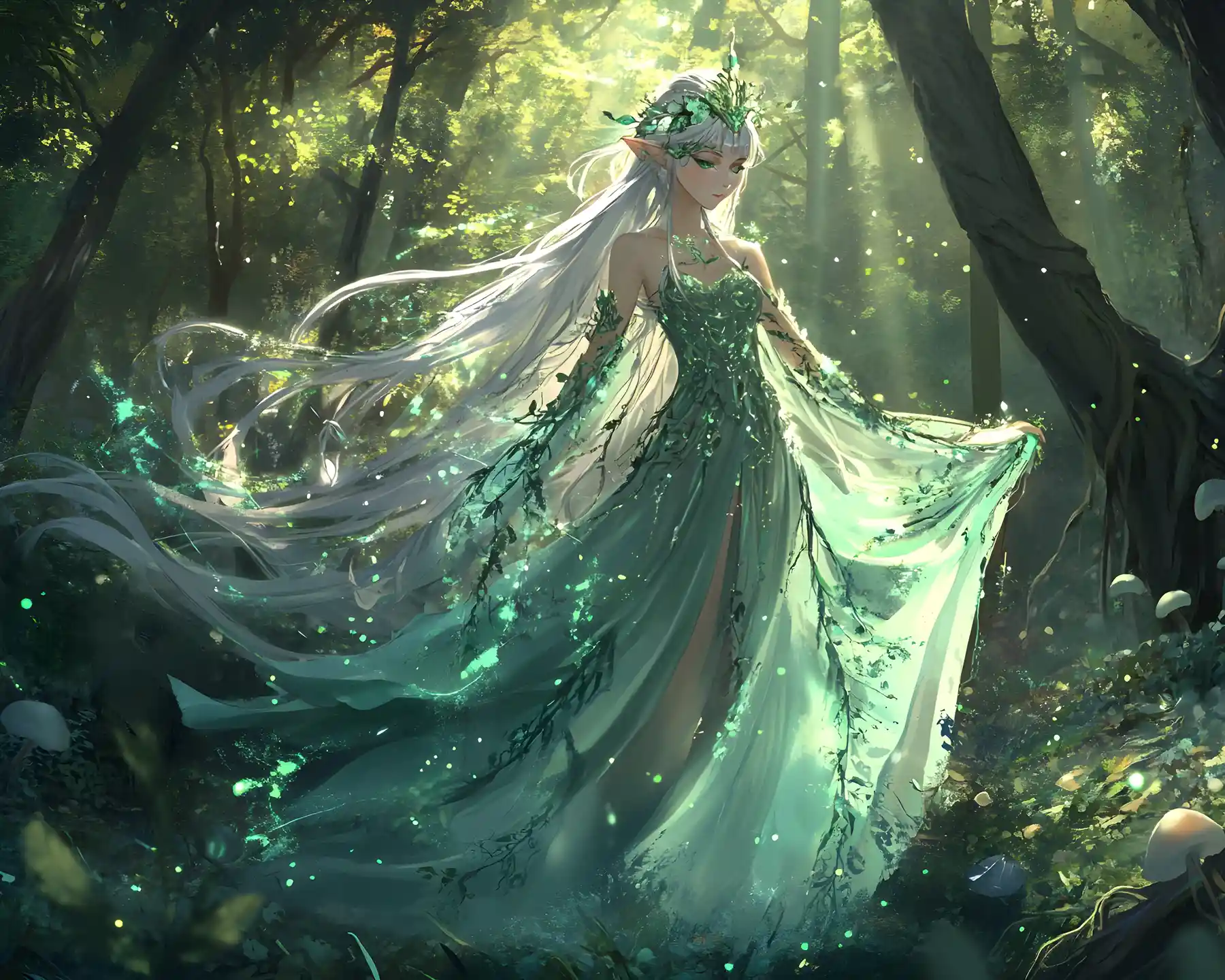 Elf princess walking through an enchanted forest