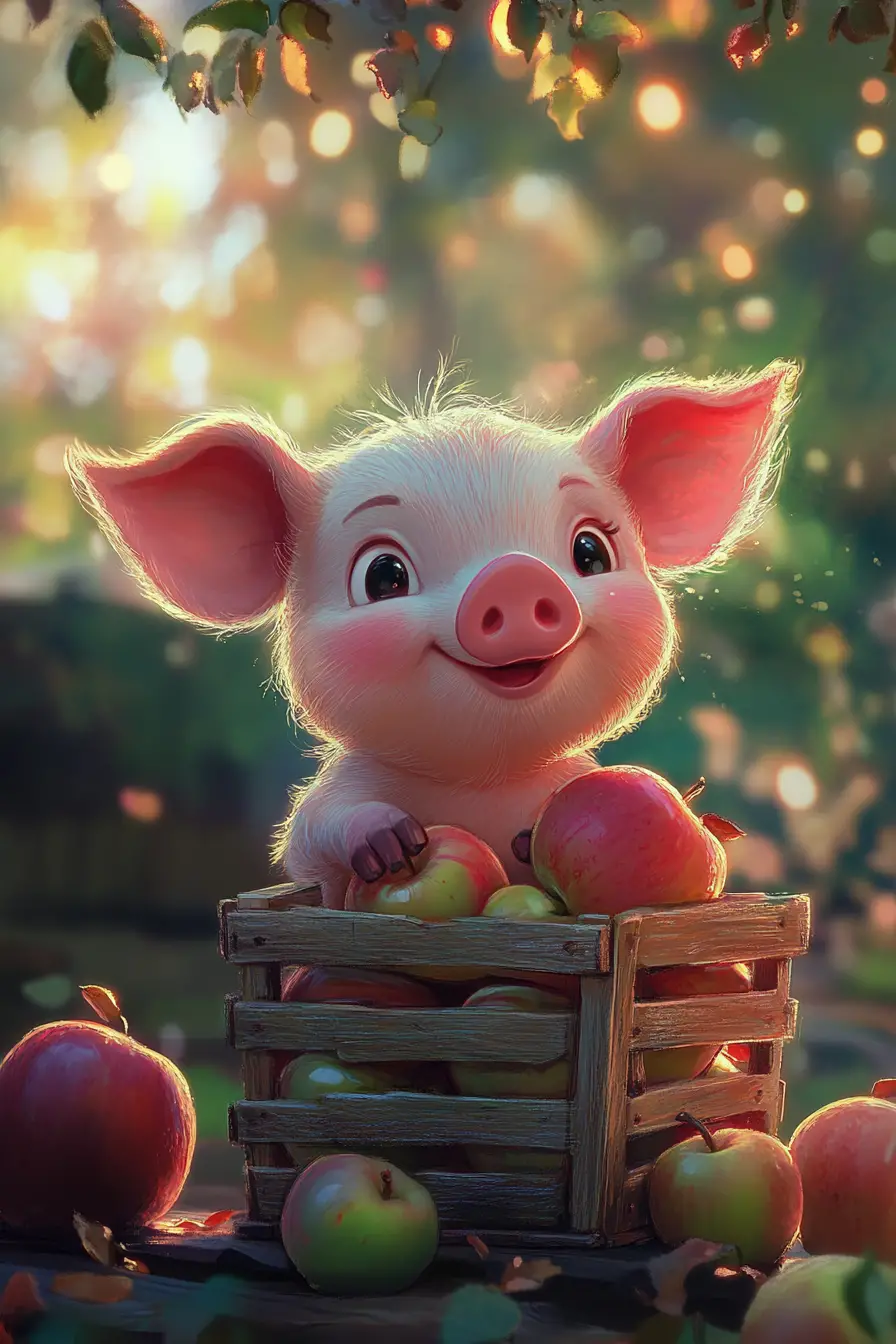 Cute anime piglet holding apples on a glowing farm