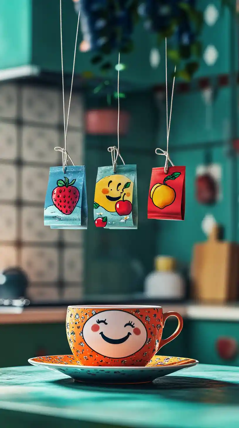 Playful teapot and fruit tea cup on kitchen table