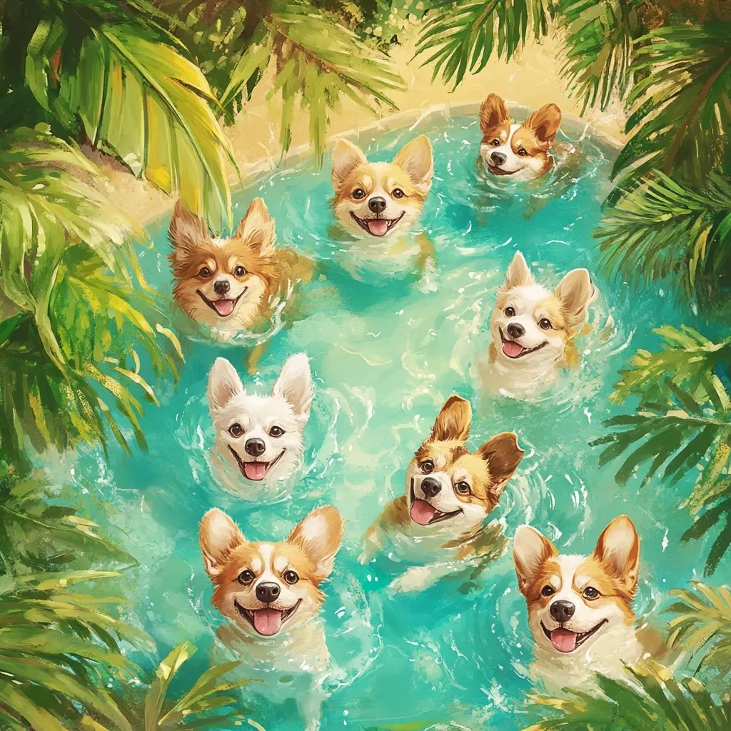 Cute dogs swimming together in a tropical pool