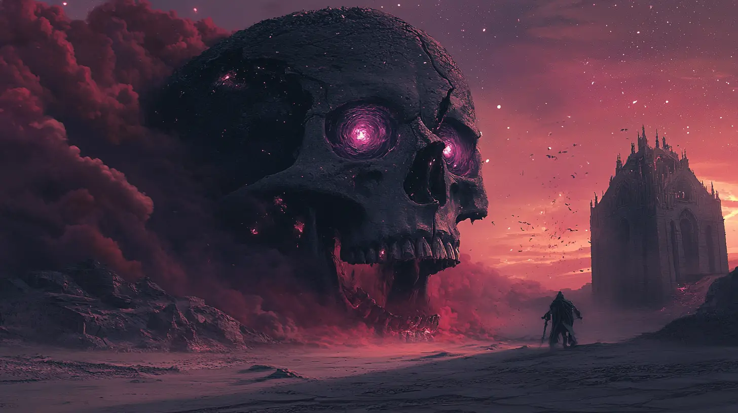 Gothic cathedral in a psychedelic desert at night