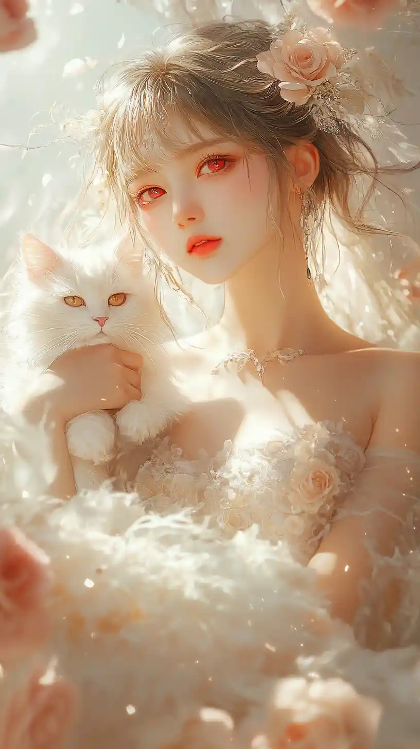 Dreamy anime girl holding a pastel cat among roses