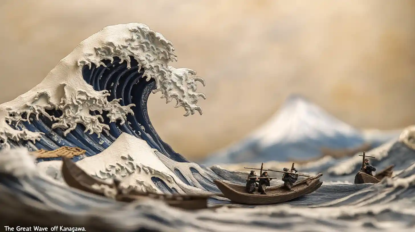 Macro close up of a handcrafted great ocean wave miniature