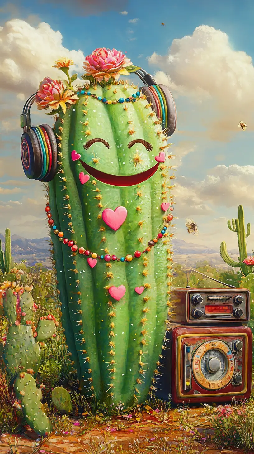 Smiling green cactus with headphones in desert scene