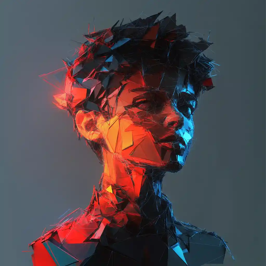 Faceted Boy With Light Beams In Abstract Geometric Space
